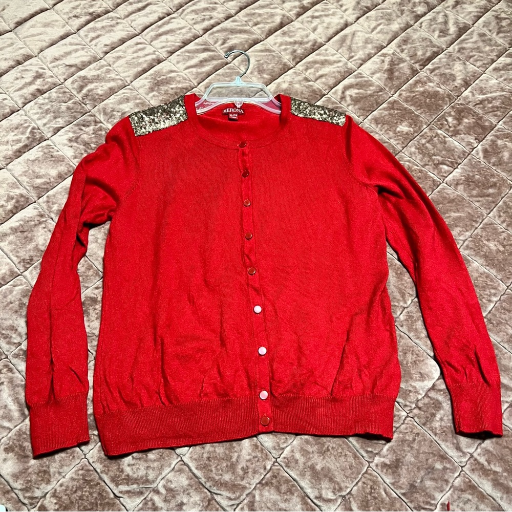 Red Cardigan with Sequin Shoulders